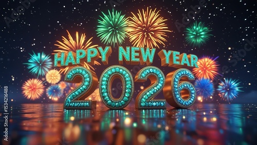 Happy new year 2026 festive celebration with fireworks and sparkling decorations