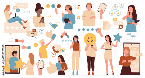 Customer review feedback service set vector illustration. Cartoon man woman client characters rate quality of products or experience online, ranking stars in mobile phone app isolated on white