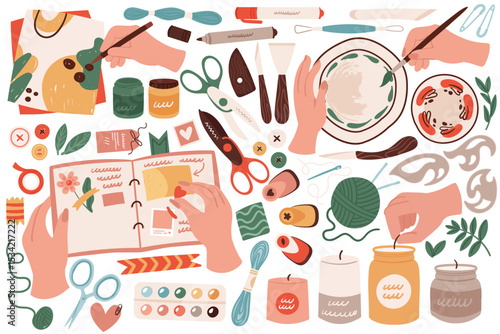 Handmade craft hobby set vector illustration. Cartoon human hands holding scrapbook with love heart, pencil and brush to draw, tailor, knitting and sewing tools handicraft collection isolated on white