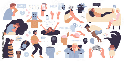 Mental disorder, stress anxiety health problem set vector illustration. Cartoon sad people in depression need psychotherapy help and care, unhappy depressed woman man characters isolated on white