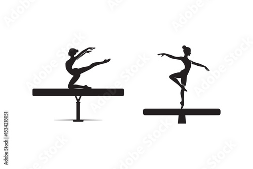 Minimalist gymnast on balance beam silhouette. Black and white gymnast beam vector icon