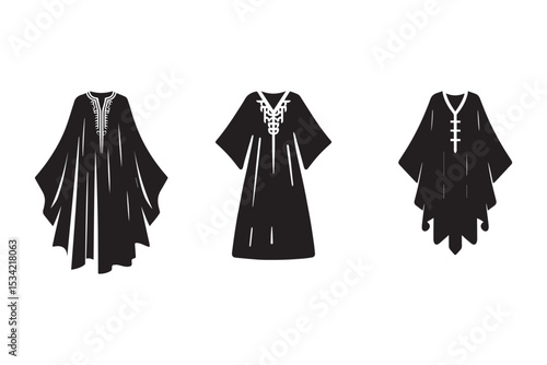 Set of kaftan dress silhouette on white background. 