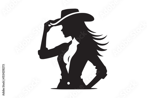 Minimalist cowgirl silhouette silhouette on white background. Cowgirl wearing hat icon vector illustration.