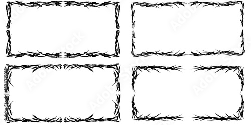 Neo Tribal frame set, rectangular with sharp Y2K spikes, cyber sigilism elements, black and white background.