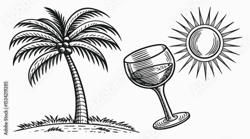 Vintage Palm Tree, Goblet, and Sun Engravings – Hand-Drawn Black and White Etched Illustrations