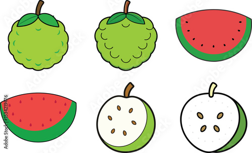 Bundle of White Sapote, Watermelon, and Custard Apple Isolated on White Background