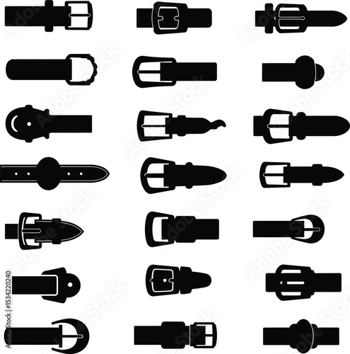 Diverse Belt Buckle Vector Set: Stylish Leather Buckles for Fashion, Reversible Belts, Apparel, Vintage and Modern Accessory Designs.