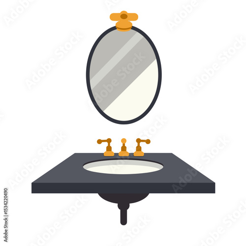 Elegant Bathroom Sink with Oval Mirror and Gold Fixtures Flat Vector Illustration