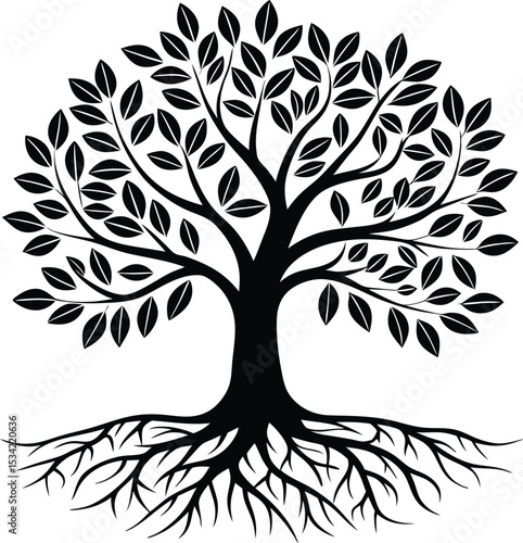 Black and white tree with roots illustration