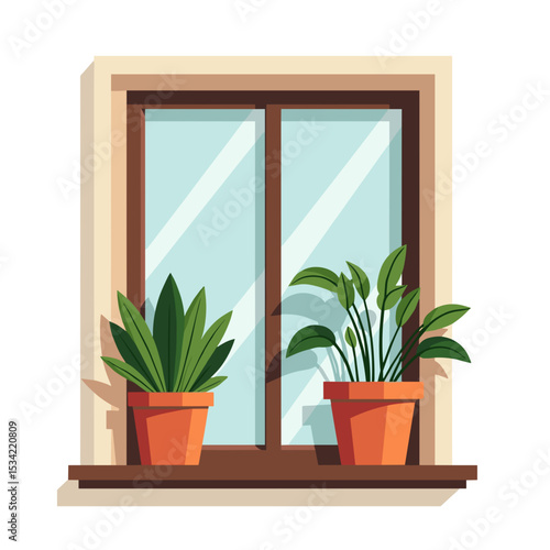Illustration of a Window with Potted Plants on the Sill, Creating a Cozy and Bright Interior Scene