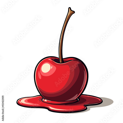 Illustration of a Shiny Red Cherry with a Long Stem Dripping with Sweet Juice