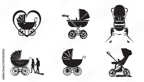 Set of baby stroller icons simple line and solid vector symbols 