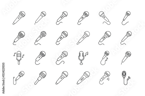 Collection of Microphone Icons in Outline Style Representing Different Types and Designs for Audio Recording and Broadcasting Purposes