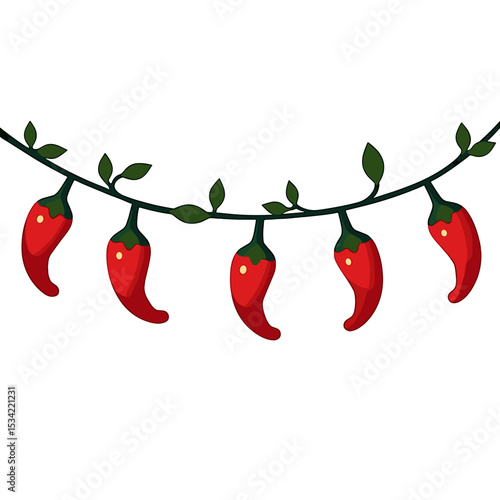 Festive String of Red Chili Peppers with Green Leaves, a Culinary Decoration Illustration