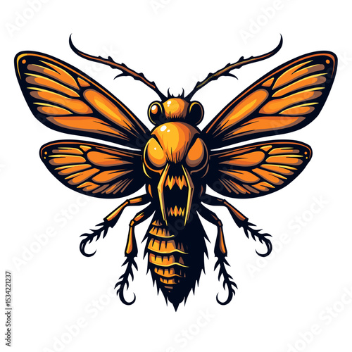 Stylized Illustration of an Aggressive Orange Hornet with Visible Fangs and Detailed Wings, Vector Art