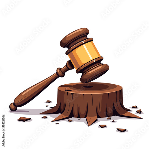 Illustration of a Gavel Striking a Tree Stump: Symbolizing Environmental Law and Deforestation Issues