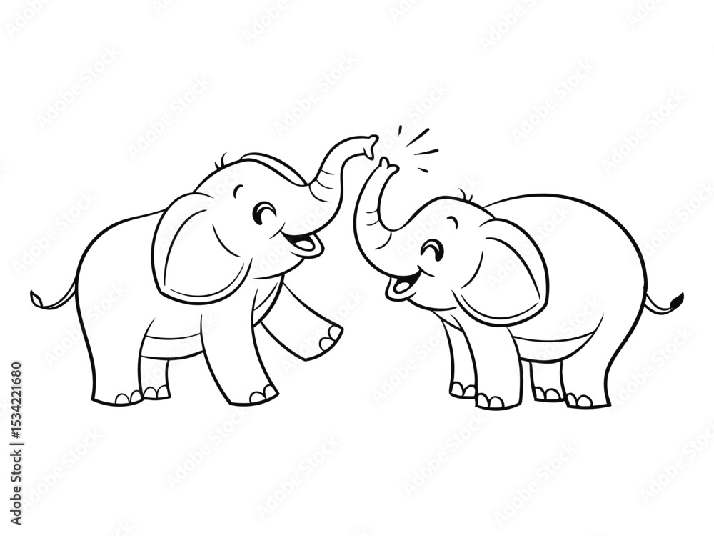 Obraz premium Playful Baby Elephants Vector Outline, Cute baby Elephants Line Art Animal Drawing, Funny Happy Cartoon Elephants Interacting for coloring page.
