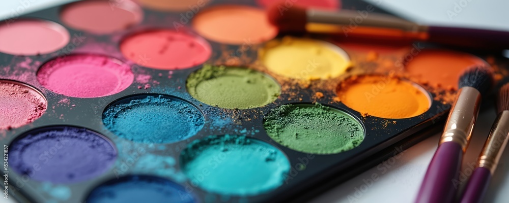 Naklejka premium Palette of colorful eyeshadows, makeup brushes. Close-up isolated view demonstrates fashion beauty. Eye shadow collection, various vibrant colours, shades, for professional makeup artistry. Trendy