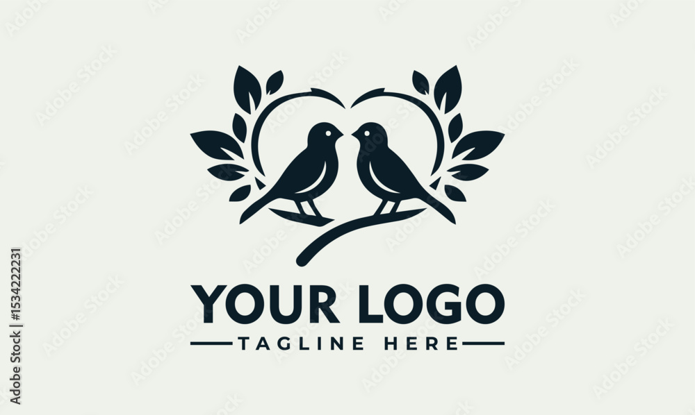 Αυτοκόλλητο Elegant black silhouette illustration of two small birds facing each other on a leafy branch forming a heart shape
