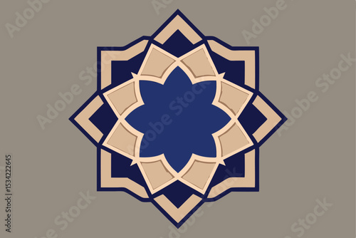 Beautiful geometric islamic star pattern design with beige and blue ornamental elements