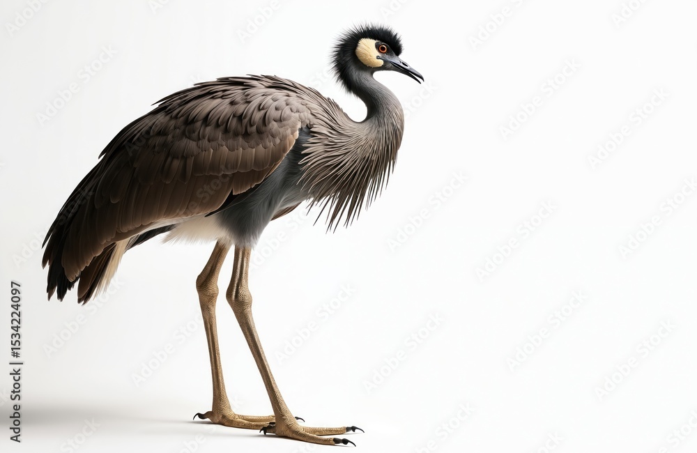 Obraz premium Profile view of a rhea bird standing on white backdrop. Long legs, detailed plumage visible, avian animal isolated. Great for wildlife, zoology, nature projects.