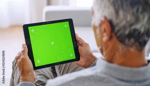 Senior man using a tablet with a green screen