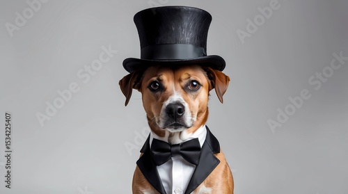 A Dapper Dog in a Top Hat and Tuxedo: A Portrait of Canine Elegance