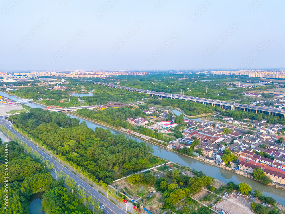 Fototapeta premium Aerial view of suburban park in Pudong New Area, Shanghai.