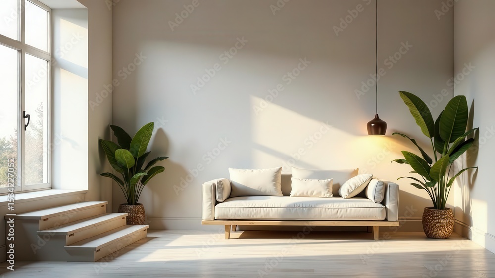 Fototapeta premium Serene Minimalist Living Room Interior Design with Natural Light and Plush Sofa