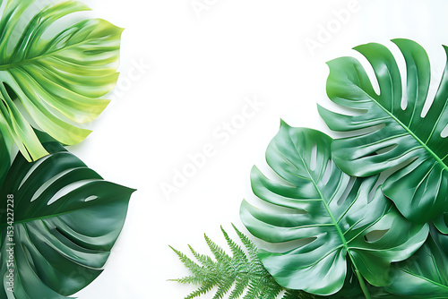 Tropical monstera and fern leaves on white background