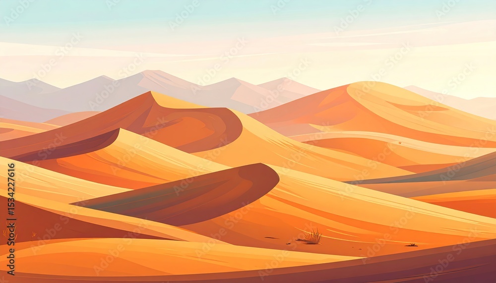 Naklejka premium Vast desert landscape with dunes and mountains