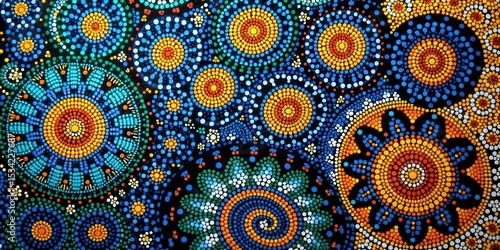 Vibrant Circular Dot Painting Design Featuring Vivid Colors and Intricate Patterns on Dark Background