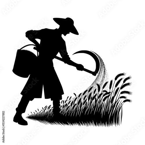 Silhouette of farmer harvesting wheat with sickle