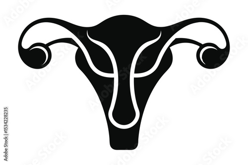 Isolated stylized black uterus, fallopian tubes, and ovaries anatomical drawing on white background