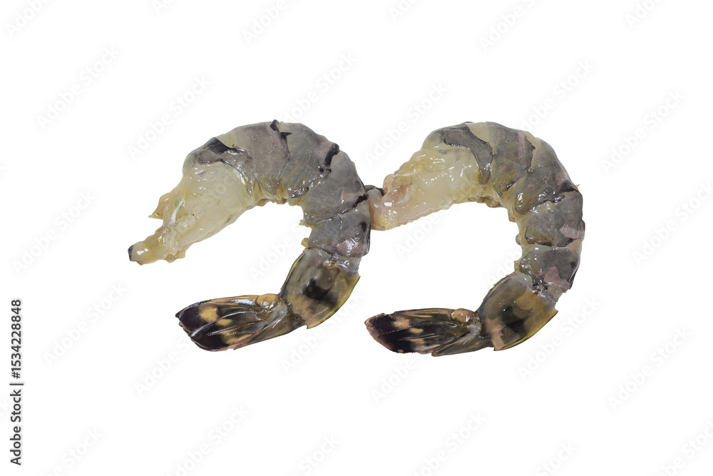 Obraz premium Two Fresh Black Tiger Shrimps Peeled with Tail Shells on White Background – Clipping Path Included