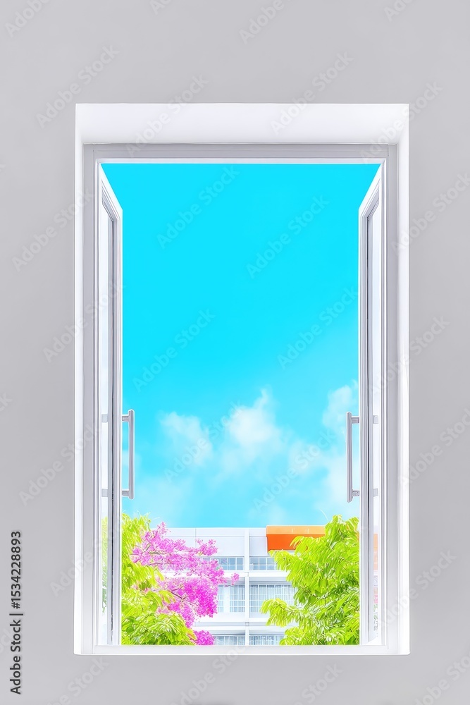 Fototapeta premium Open Window View of a Sunny Day with Pink Flowers and Blue Sky