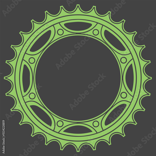 Green bicycle sprocket wheel isolated on dark gray background in simple flat vector design