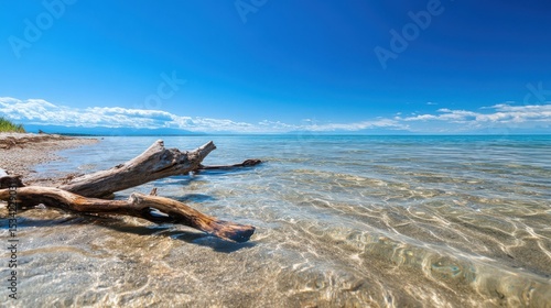 A long stretch of empty beach with clear blue water, no people in sight, and driftwood resting on the shore.