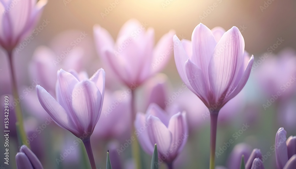 Fototapeta premium Closeup of many lavender Crocus flowers in a field bathed in light