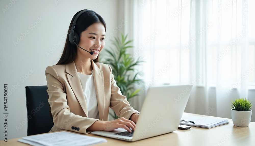 Asian young businesswoman call center service operator wearing microphone headset typing laptop computer while talking solving customer problem online in company office. Happy, friendly, smiling girl. Asian young businesswoman call center service operator wearing microphone headset typing laptop computer while talking solving customer problem online in company office. Happy, friendly, smiling girl.