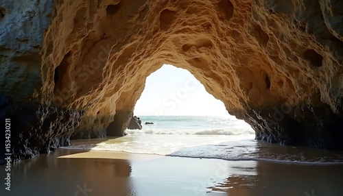Coastal cave entrance opens to beach with waves and ocean view
