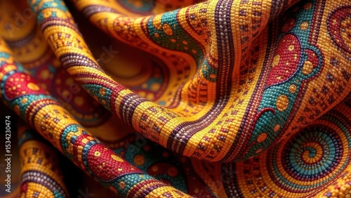 Intricate Textile Draped in Rich Hues, Showcasing a Detailed Pattern of Interwoven Colors and Shapes