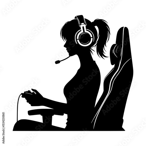 Female gamer silhouette with headset and controller