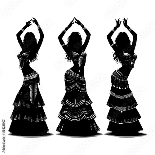 Three silhouettes of belly dancers in elegant costumes