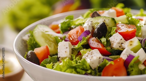 Greek salad in a bowl showcasing fresh vegetables and feta cheese cubes