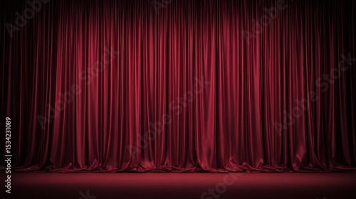 Elegant deep red velvet theater curtain with soft folds and rich texture, creating a luxurious stage backdrop with copy space for dramatic or classical design presentations