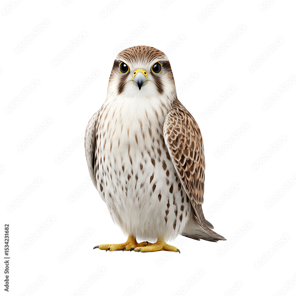 Obraz premium A detailed illustration of a falcon with brown and white feathers, sharp eyes, and yellow talons, depicted in a frontal pose.