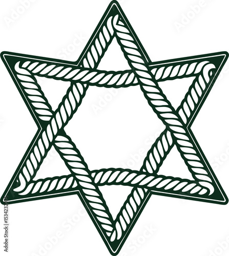 A detailed dark green and white rope-embossed star of david symbol against white background