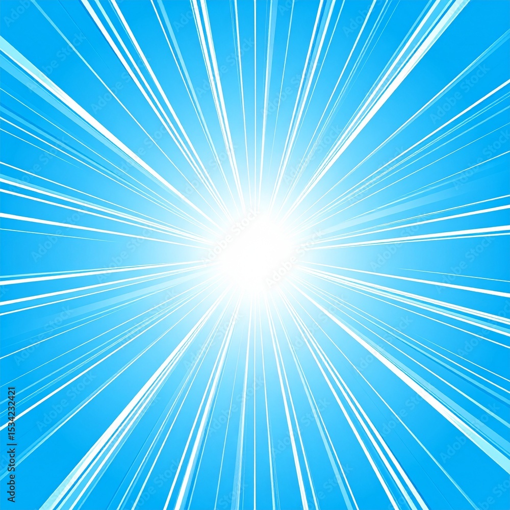 Fototapeta premium A bright white light emanating outwards with white lines on a blue background radiating outwards