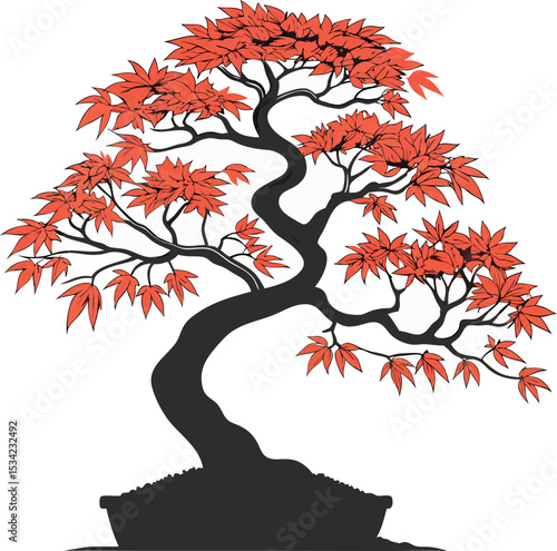 Crimson maple tree autumnal elegance bonsai vector illustration icon.